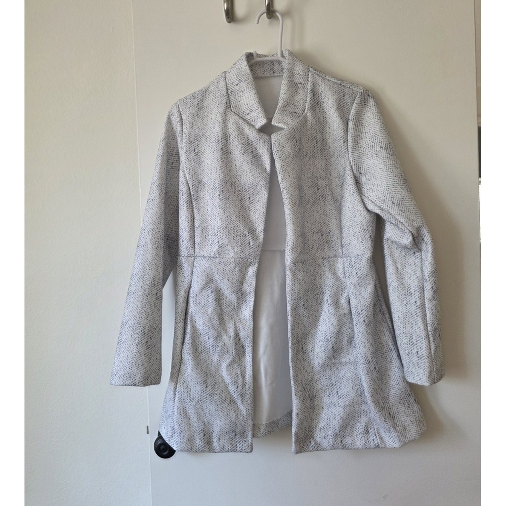 Womens Ivory Gray Speckled Collared Open Front Mid-Length Jacket Size L